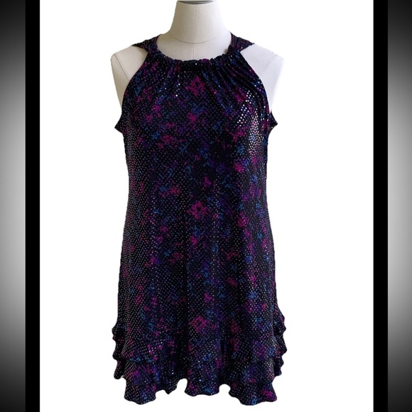 MSK Halter Dress Oscar Neck Sleeveless Black Floral Geometric Sparkle 16 Ruffle - Picture 1 of 7